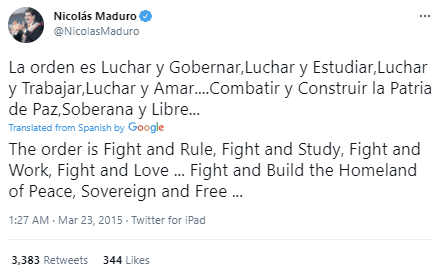 Tweet from the accounts of President Nicolás Maduro that were retweeted by the network