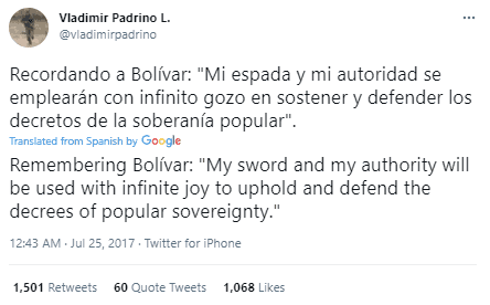 Tweet from the accounts of Minister of Defence Vladimir Padrino López that were retweeted by the network